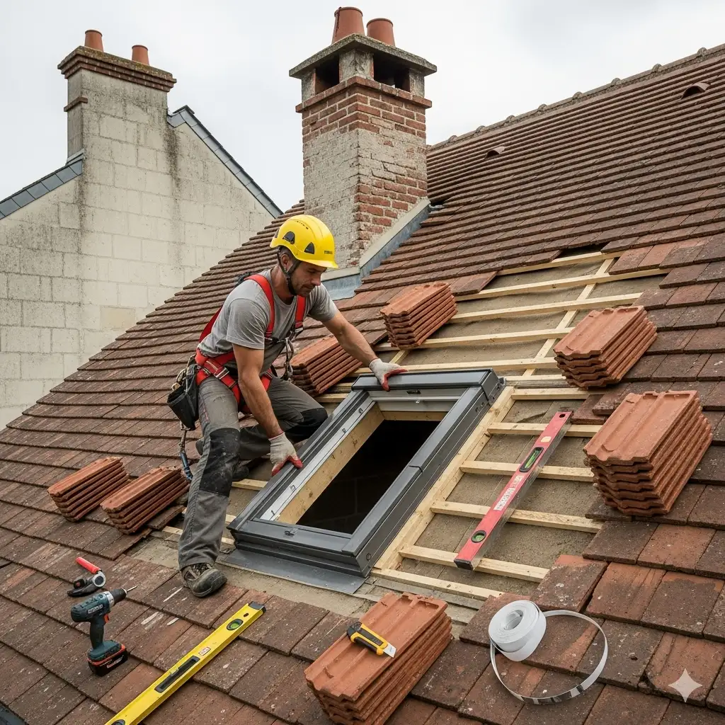 couvreur installe un velux